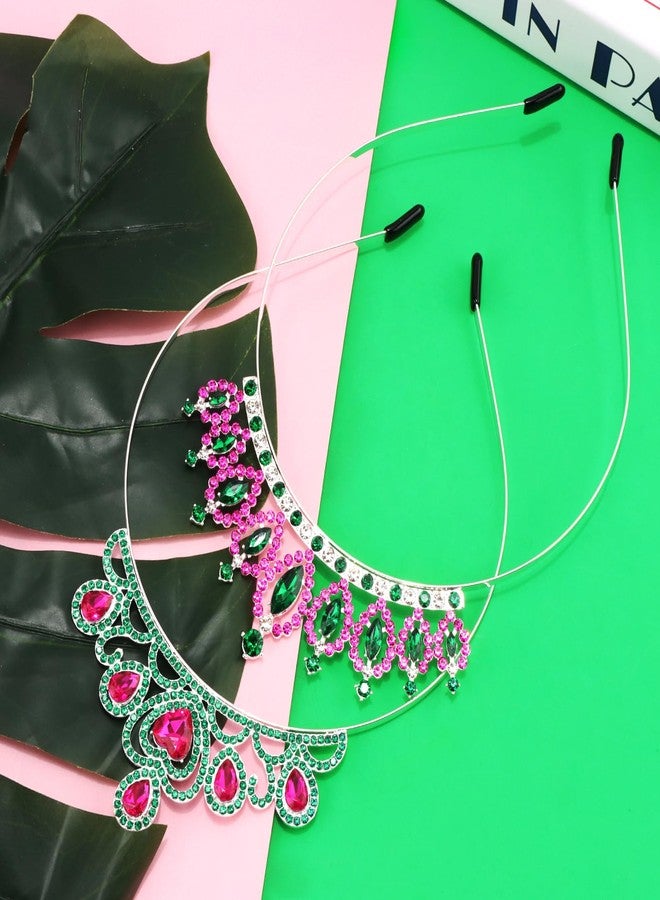 هابدو طوق رأس هابدو مرصع بالكريستال الوردي والأخضر للنساء والفتيات، طوق رأس أنيق مزين بأحجار الراين بتصميم ساحر، إكسسوارات شعر براقة، هدايا لها - Image 4